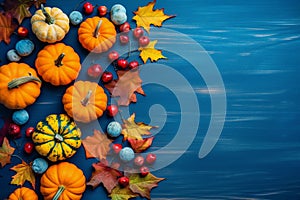 Autumn copyspace with white and orange mini pumpkins, red berries and wedge leaves, set against a striking blue wooden background