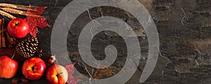 Autumn corner border banner of apples, leaves, and fall decor, top view on a dark stone background