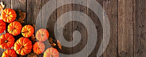 Autumn corner border banner of pumpkins and fall leaves, top view over a rustic wood background