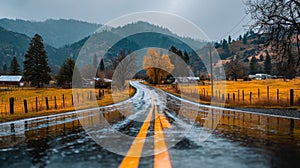 Autumn Country Road in the Rain