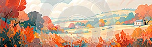 Autumn countryside landscape with trees, fields and farms. Banner background, generative AI digital illustration