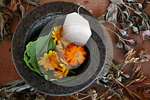 Calendula Tea, Organic, Mortar Pestle Healing Plants Herbalism, Naturopathy, Flowers Herbs, Dried Flowers, Medicinal, Holistic photo