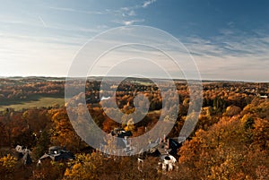 Autumn countryside panorama from lookout on Barenstein hill in Plauen