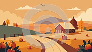 Autumn Countryside Scene with Red Barn and Pumpkin Harvest