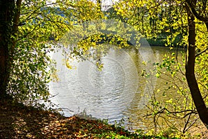 Autumn Countryside View Of A Channeled River Bank