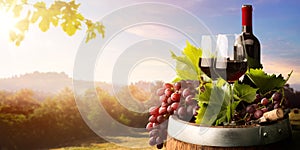Autumn countryside wine background; vine, red wine bottles, wineglass, wine barrel; wine tasting concept
