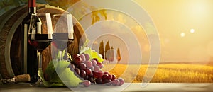 Autumn countryside wine background; vine, red wine bottles, wineglass, wine barrel; wine tasting concept