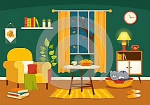 Autumn Cozy Home Decor Vector Illustration with Living Room Interior Furniture Background Elements in Flat Cartoon Hand Drawn