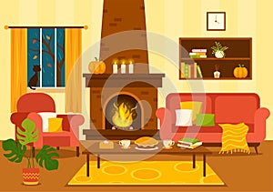 Autumn Cozy Home Decor Vector Illustration with Living Room Interior Furniture Background Elements in Flat Cartoon Hand Drawn