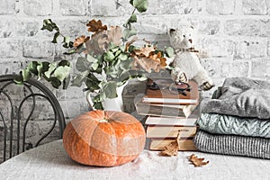 Autumn cozy home still life. Pumpkin, dry branch pitcher, stack of books, pile of winter autumn sweaters,  teddy bear on the