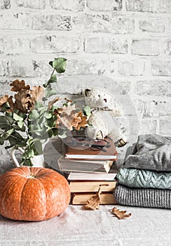 Autumn cozy home still life. Pumpkin, dry branch pitcher, stack of books, pile of winter autumn sweaters,  teddy bear on the