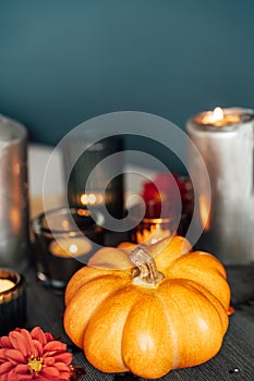Autumn cozy mood composition for home decoration. Orange pumpkin with sequins, burning candles, fresh dahlia flowers on