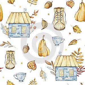 Autumn cozy seamless pattern of watercolor elements, house, botanicals, pumpkin and leaves