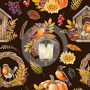 Autumn cozy vintage style decorative seamless pattern. Watercolor painted illustration. Fall season rustic decor