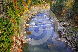 Autumn creek woods with colorfull trees foliage and rocks in for