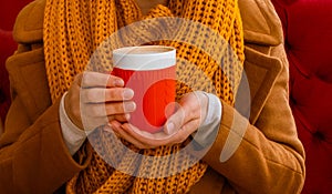 Autumn cup coffee tea thanksgiving scarf knitten woman hands hold red yellow