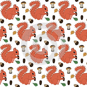 Autumn cute seamless pattern. Squirrel, bumps, leaves, acorns and mushrooms. Easy for design fabric, textile, print