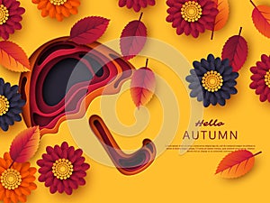 Autumn 3d paper cut umbrella with leaves and flowers. Abstract background with shapes in yellow, orange, purple colors