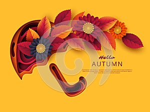 Autumn 3d paper cut umbrella with leaves and flowers. Abstract background with shapes in yellow, orange, purple colors