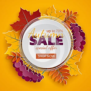 Autumn 3d sale banner, paper frame, colorful tree leaves on yellow background. Autumnal design for fall season greeting card, sale