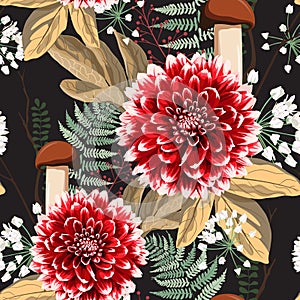 Autumn dahlia flowers, herbs and mushrooms seamless pattern.