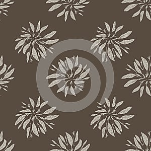 Autumn dark tones seamless pattern with simple grey leaves silhouettes and brown pale background