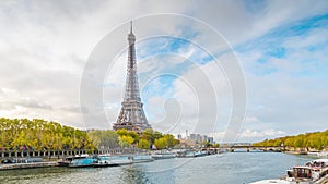 autumn day with golden yellow leaves,paris city riverside bay view bridge. Eiffel tower in Paris, France.