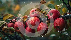 Autumn day. Rural garden. In the frame ripe red apples on a tree. It\'s raining Photographed garden, generative ai