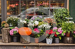 Autumn decor, composition with pumpkins and flowers