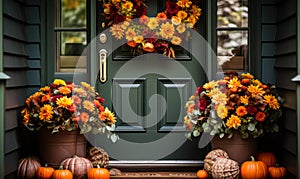 Autumn Decor Fall Wreath and Flower Pots on Steps by Green Front Door