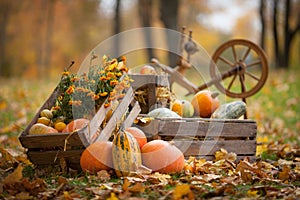 Autumn decor in the garden. Pumpkins and vegetable marrows lying in wooden box on autumn background.  Autumn time. Thanksgiving