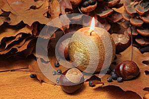 Autumn decoration background, golden candle, conkers