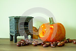 autumn decoration with cast iron stove