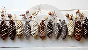 Autumn decoration leaf, pine cone, wood, pattern, celebration, yellow generated by AI