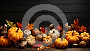 Autumn decoration pumpkin, leaf, wood, Halloween, rustic, orange generated by AI