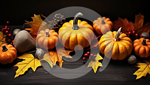 Autumn decoration pumpkin, leaf, wood, orange color, gourd, candle generated by AI