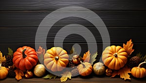 Autumn decoration pumpkin, leaf, wood, rustic, orange, harvest, lantern generated by AI