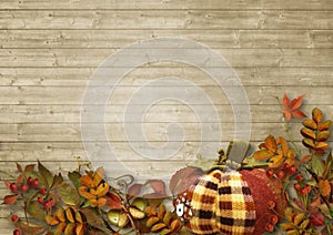 Autumn decoration with pumpkin and red berries on wooden background