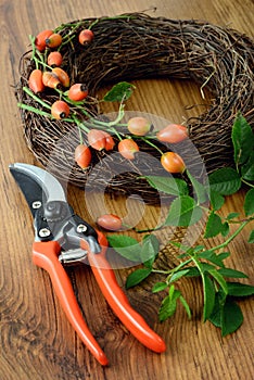 Autumn decoration of rose hips. floristry.