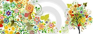 Autumn decoration with tree, leaves, flowers and hearts - illustration for Facebook Cover