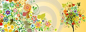 Autumn decoration with tree, leaves, flowers and hearts - illustration for Facebook Cover