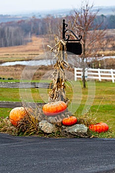 Autumn decorations and sign in the country