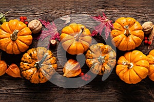 Autumn decorative pumpkins with fall leaves on wooden background. Thanksgiving or halloween holiday, harvest concept. Top view, co