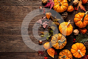 Autumn decorative pumpkins with fall leaves on wooden background. Thanksgiving or halloween holiday, harvest concept. Top view, co
