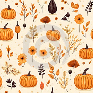 Autumn decorative seamless pattern with pumpkins, white background