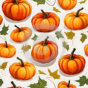Autumn decorative seamless pattern with pumpkins, white background.