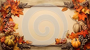 Autumn decorative vintage frame with yellow and orange leaves, pumpkins, ripe grape, apples, copy space.