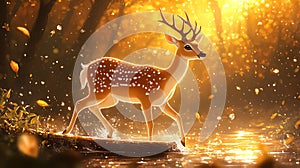 Autumn deer walking forest stream, golden light