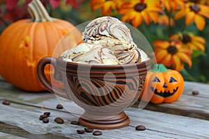 Autumn Delight Pumpkin and Coffee Ice Cream in a Decorative Bowl with Fall Decor and Vibrant Flowers in the Background