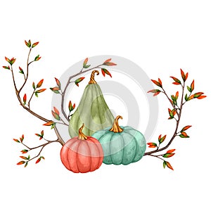 Autumn design with pumpkins and branches with leaves.